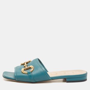 Gucci Green Leather Horsebit Flat Slides Size 36.5, Sandals - Luxury Closet catalog