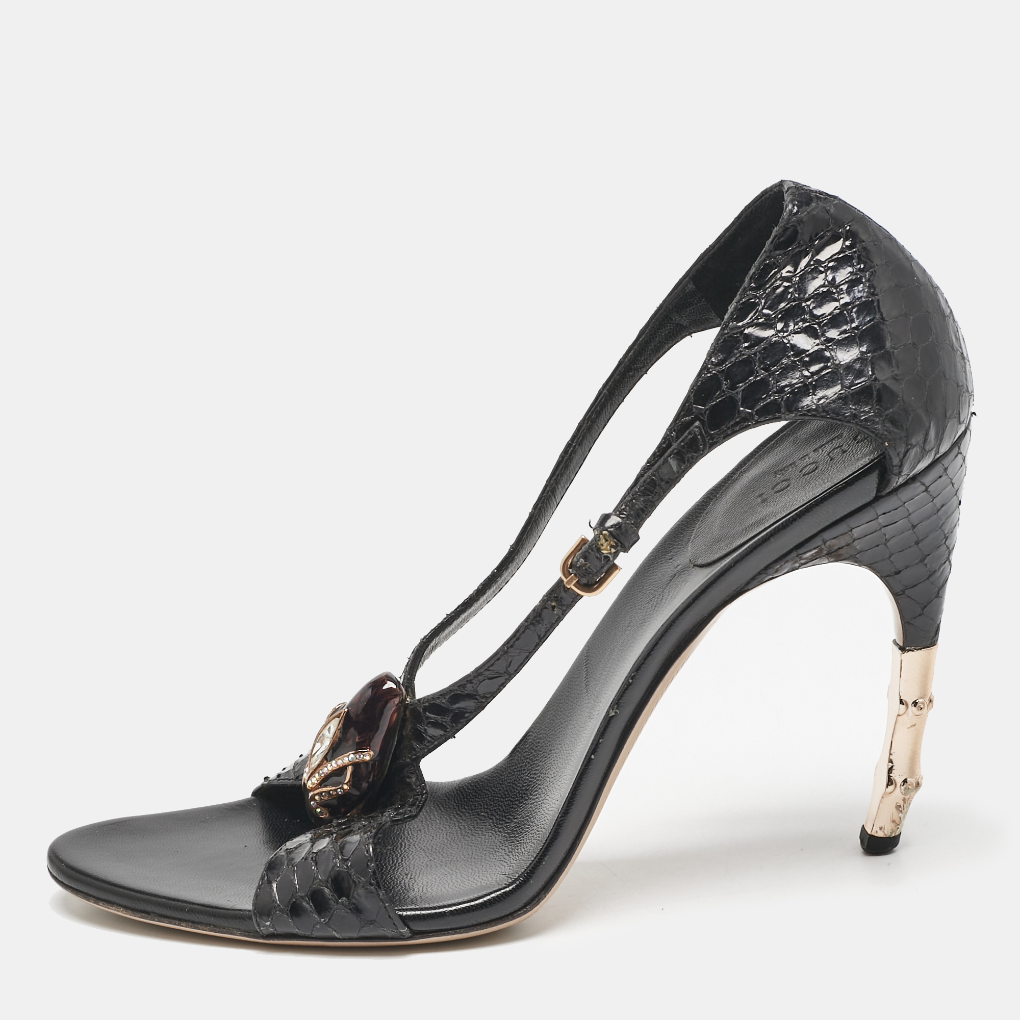 Gucci Black Python Snake Head Crystals Ankle Strap Sandals Size 38.5, Sandals - Luxury Closet catalog