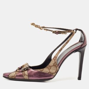 Gucci Beige/Purple GG Canvas and Leather Chain Detail Ankle Strap Pumps Size 39, Pumps - Luxury Closet catalog