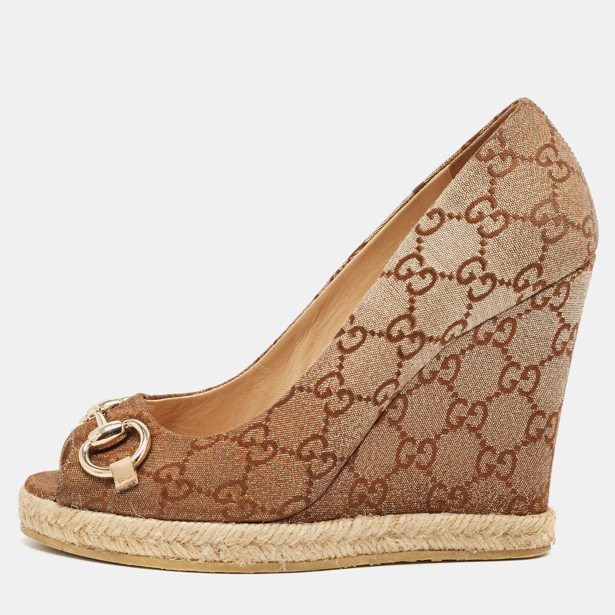 Gucci Beige GG Canvas Charlotte Horsebit Wedge Peep Toe Espadrille Pumps Size 36.5, Pumps - Luxury Closet catalog