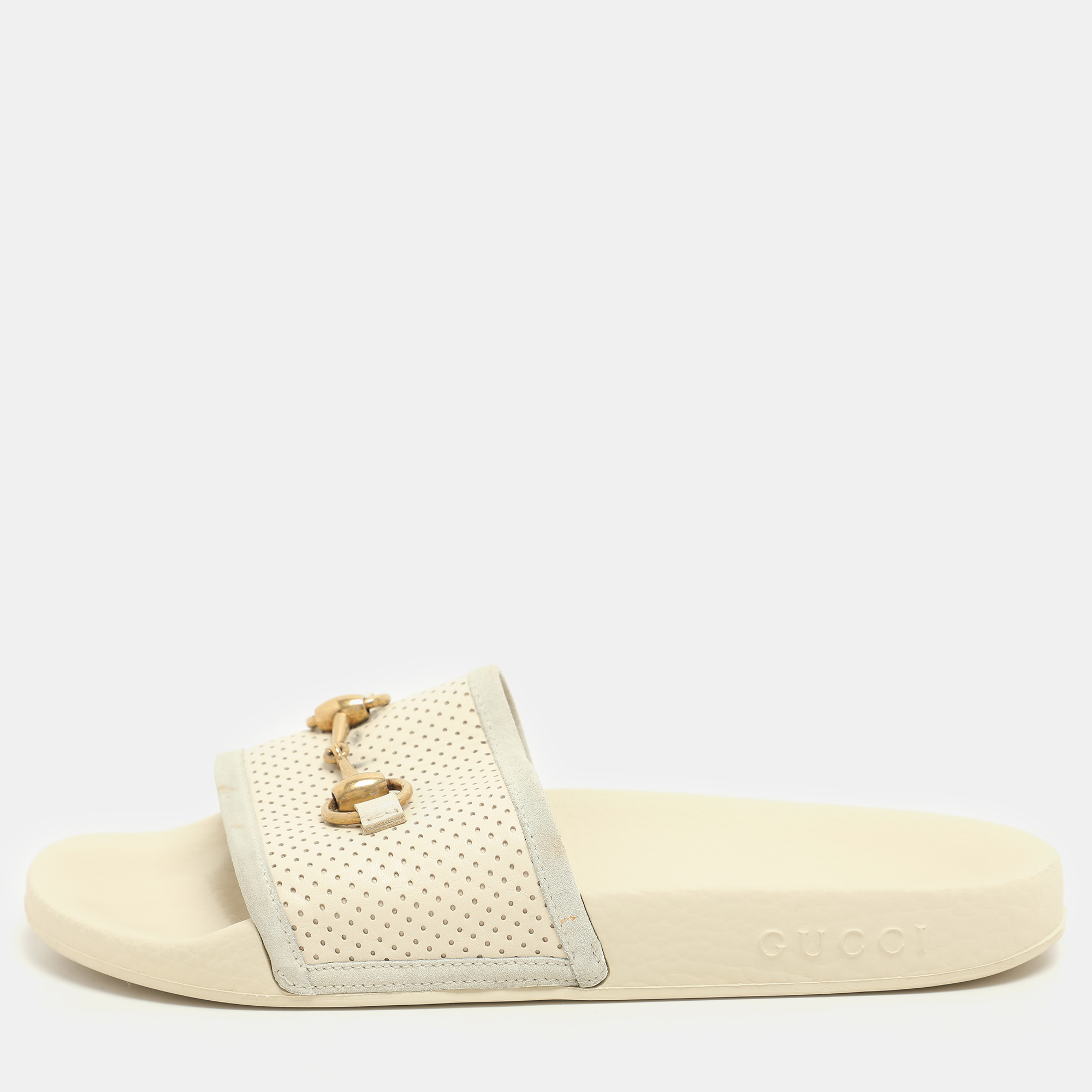 Gucci Cream Perforated Leather Horsebit Flat Slide Size 38, Sandals - Luxury Closet catalog