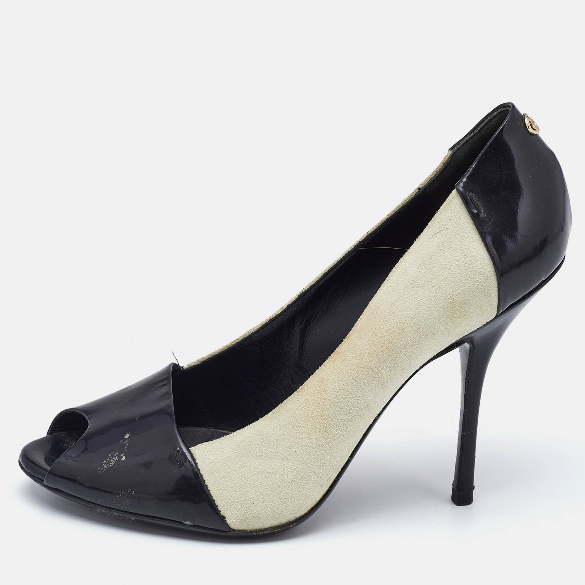 Gucci Black/White Patent Leather And Suede Peep Toe Pumps Size 37, Pumps - Luxury Closet catalog