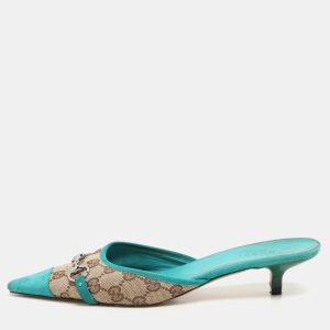 Gucci Blue/Beige GG Canvas and Suede Horsebit Mules Size 37.5, Sandals - Luxury Closet catalog