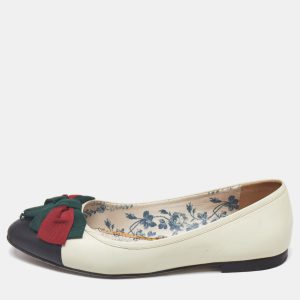 Gucci Off White/Black Leather Web Bow Cap Toe Ballet Flats Size 37, Flats - Luxury Closet catalog