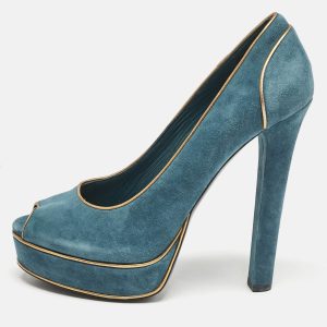Gucci BlueGold Leather and Suede Peep Toe Pumps Size 39, Pumps - Luxury Closet catalog