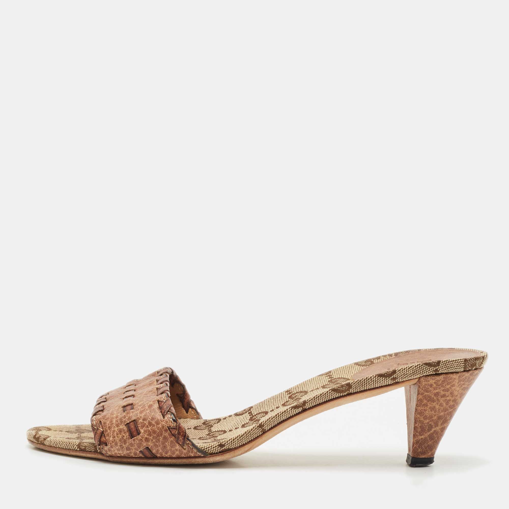 Gucci Brown Leather and GG Canvas Slide Sandals Size 37.5, Sandals - Luxury Closet catalog