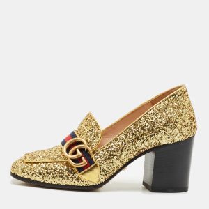 Gucci Gold Glitter Web Peyton GG Marmont Loafer Pumps Size 37, Pumps - Luxury Closet catalog