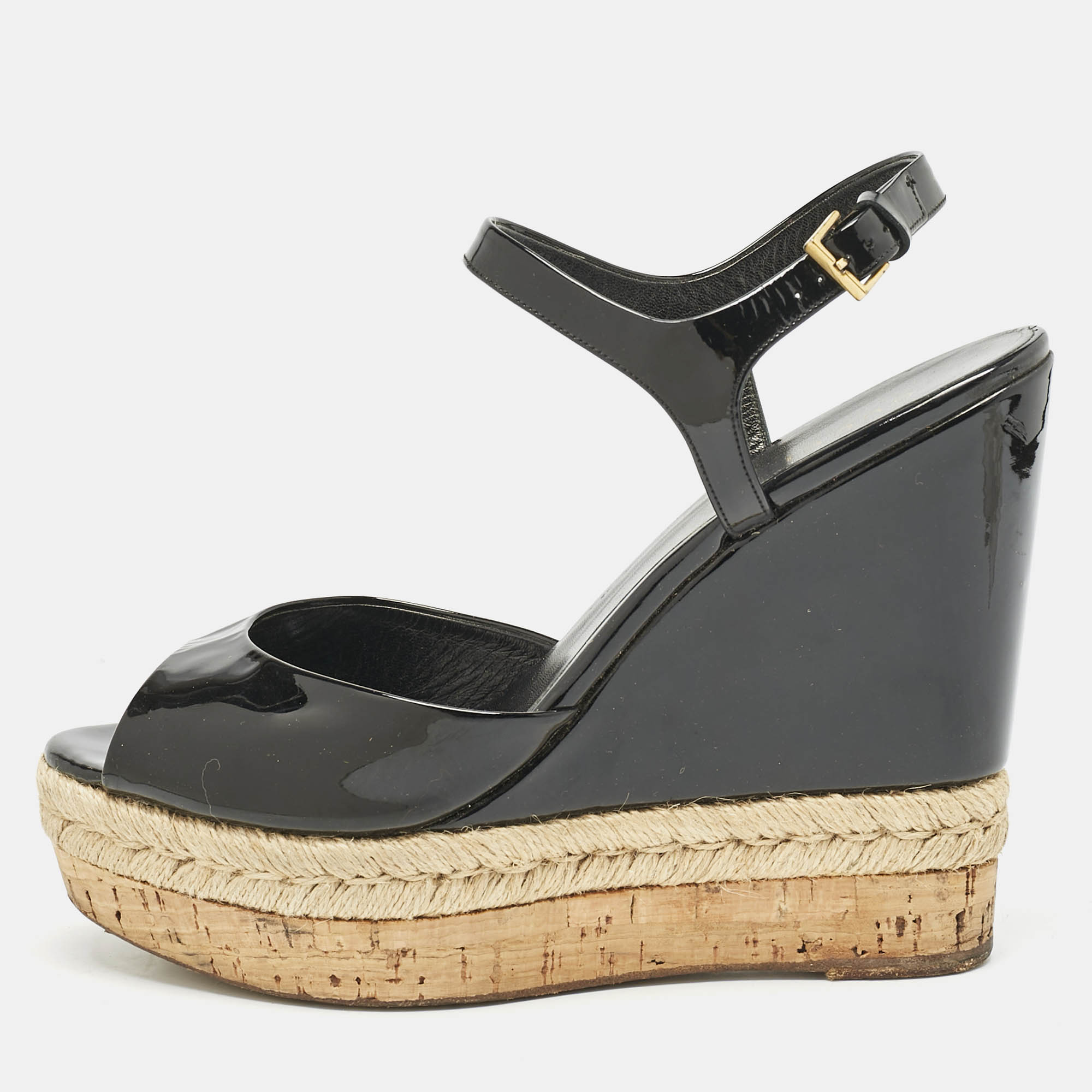 Gucci Black Patent Leather Cork Espadrille Platform Wedge Ankle Strap Sandals Size 39.5, Sandals - Luxury Closet catalog