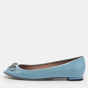 Gucci Light Blue Patent Leather Horsebit Peep Toe Ballet Flats Size 37.5, Flats - Luxury Closet catalog