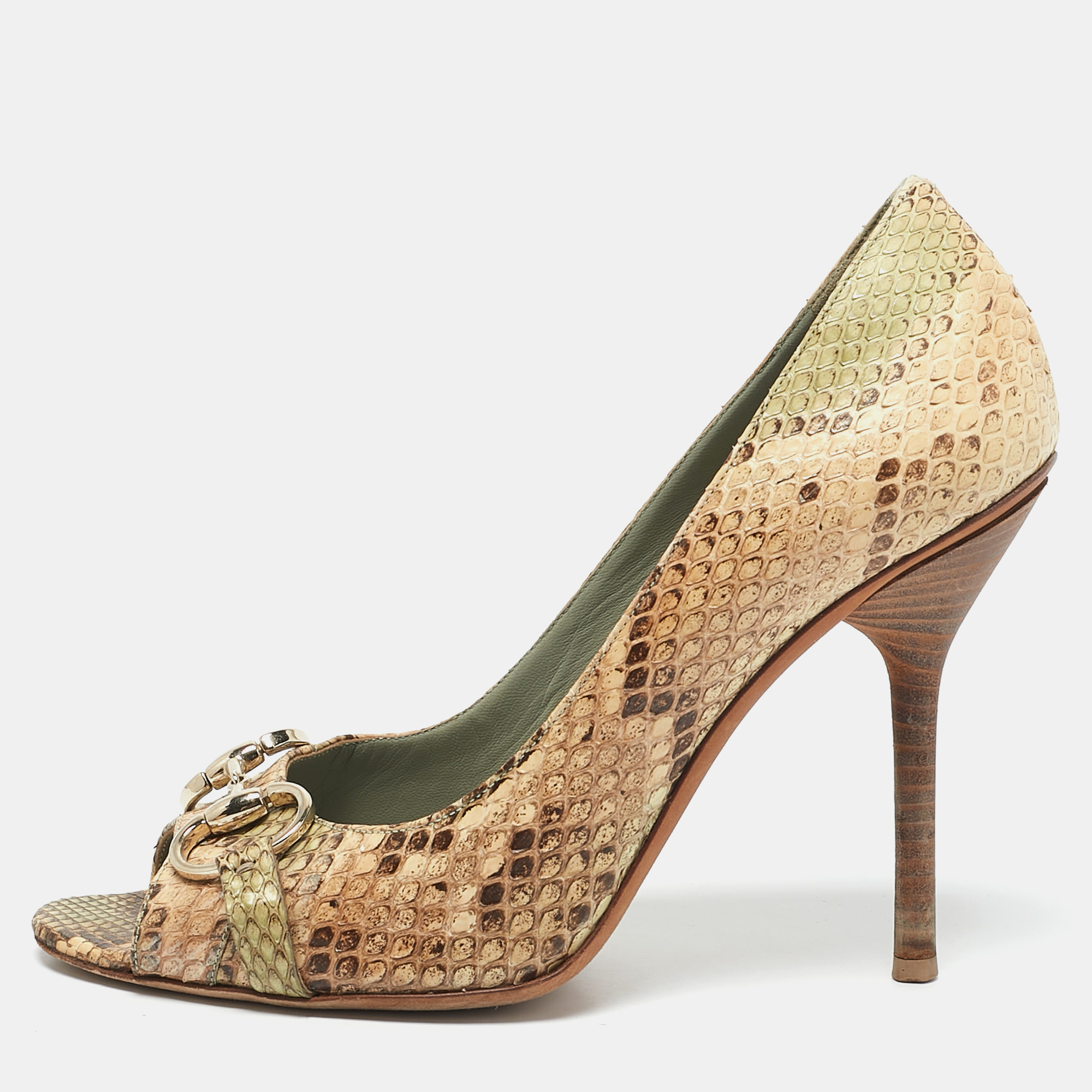 Gucci Beige/Green Python Horsebit Peep Toe Pumps Size 40, Pumps - Luxury Closet catalog
