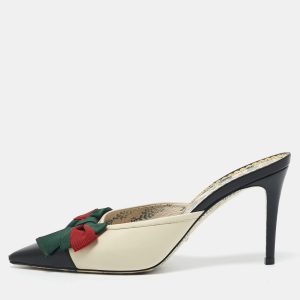Gucci Cream/Black Leather Sackville Web Bow Mules Size 39.5, Sandals - Luxury Closet catalog
