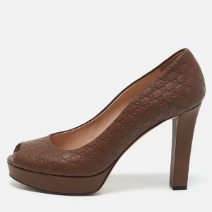 Gucci Brown Microguccissima Leather Peep Toe Platform Pumps Size 39, Pumps - Luxury Closet catalog