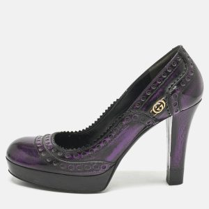 Gucci Purple/Black Leather Brogue Round Toe Platform Pumps Size 37.5, Pumps - Luxury Closet catalog