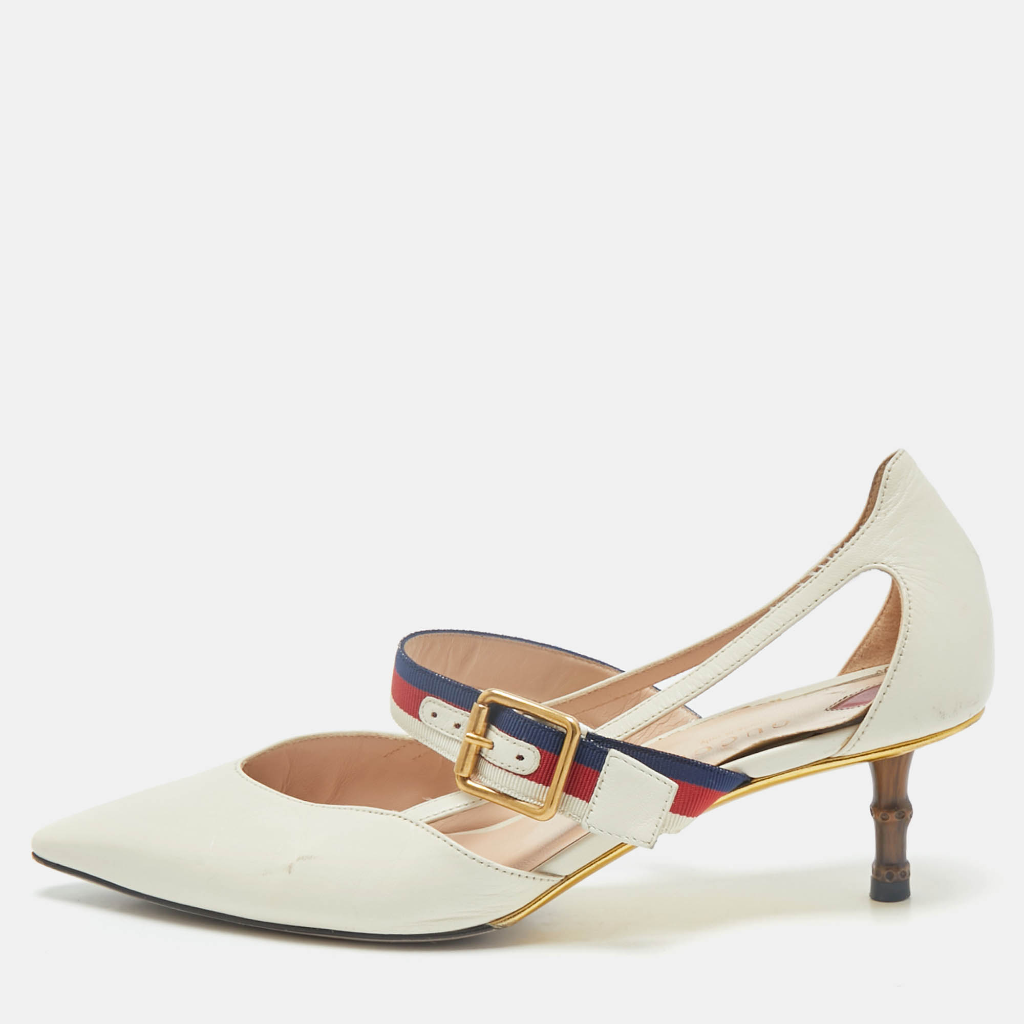 Gucci Cream Leather Sylvie Web Strap Bamboo Heel Unia Pumps Size 37.5, Pumps - Luxury Closet catalog