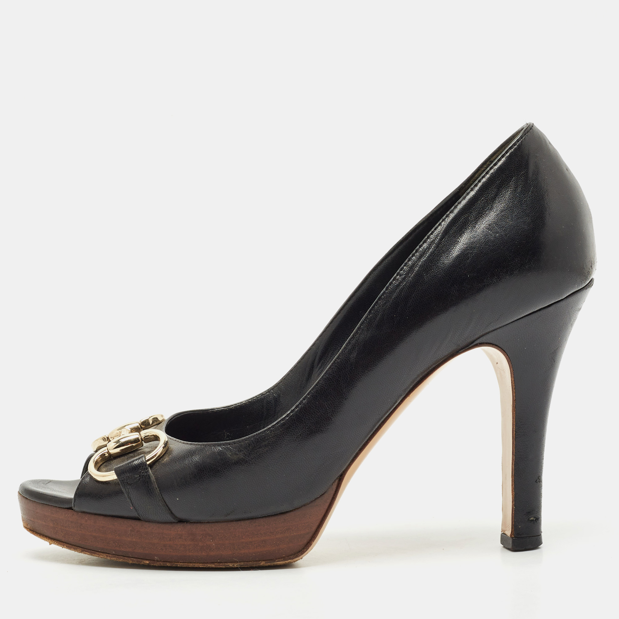 Gucci Black Leather Horsebit Peep Toe Platform Pumps Size 38, Pumps - Luxury Closet catalog