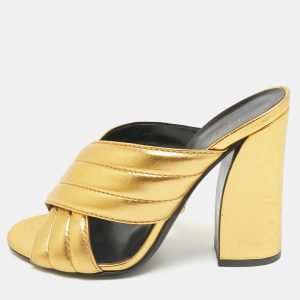 Gucci Metallic Gold Leather Webby Slide Sandals Size 39.5, Sandals - Luxury Closet catalog