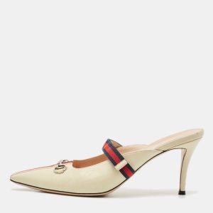 Gucci Cream/Red Leather Emma Web Strap Horsebit Mules Size 40.5, Sandals - Luxury Closet catalog
