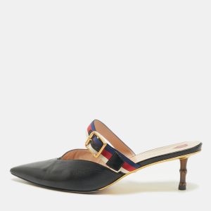 Gucci Black Leather Web Pointed Toe Bamboo Heel Mules Size 40.5, Sandals - Luxury Closet catalog