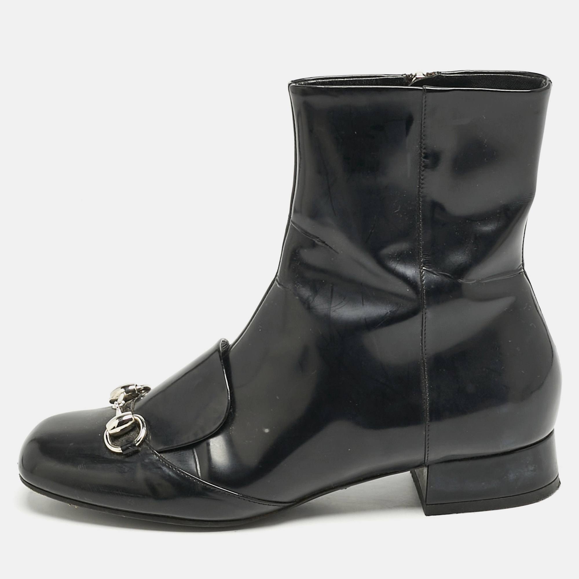 Gucci Black Patent Leather Horsebit Mid Calf Length Boots Size 36.5, Boots - Luxury Closet catalog