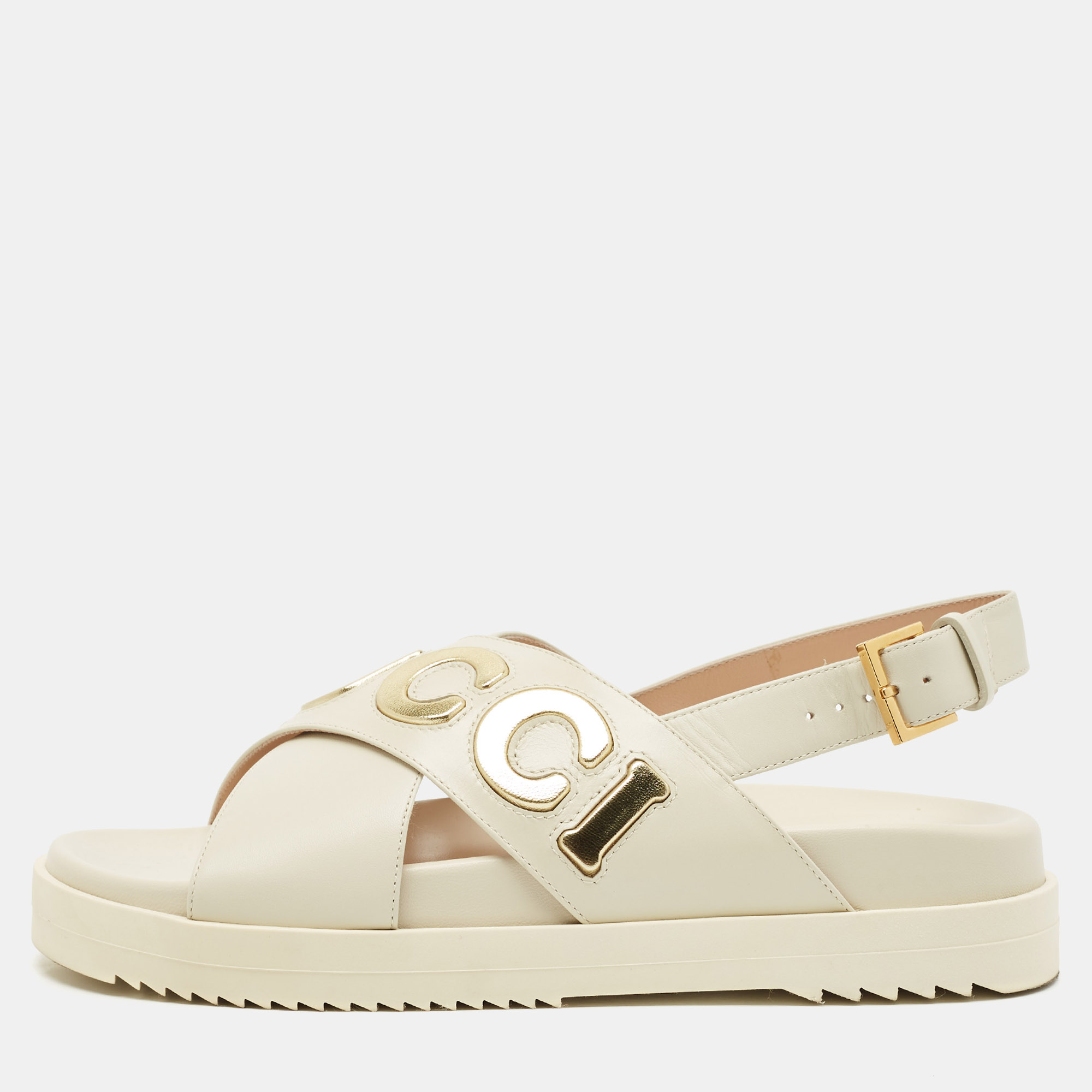 Gucci Off White Leather Logo Ankle Strap Flat Sandals 38.5, Sandals - Luxury Closet catalog