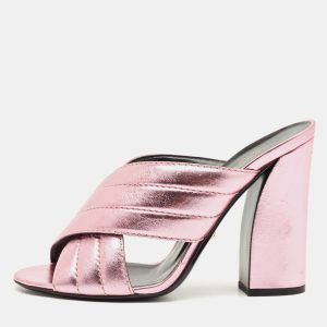 Gucci Rose Gold Quilted Leather Crisscross Block Heel Slide Sandals Size 40.5, Sandals - Luxury Closet catalog