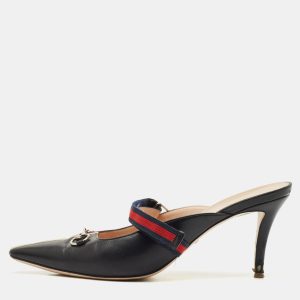 Gucci Black/Red Leather Emma Web Strap Horsebit Mules Size 40.5, Sandals - Luxury Closet catalog