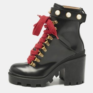 Gucci Black Leather Faux Pearl Embellished Trip Ankle Length Boots Size 35, Boots - Luxury Closet catalog