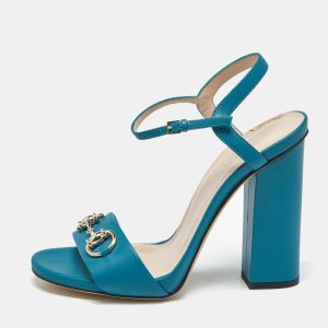 Gucci Blue Leather Horsebit Ankle Strap Sandals Size 37.5, Sandals - Luxury Closet catalog