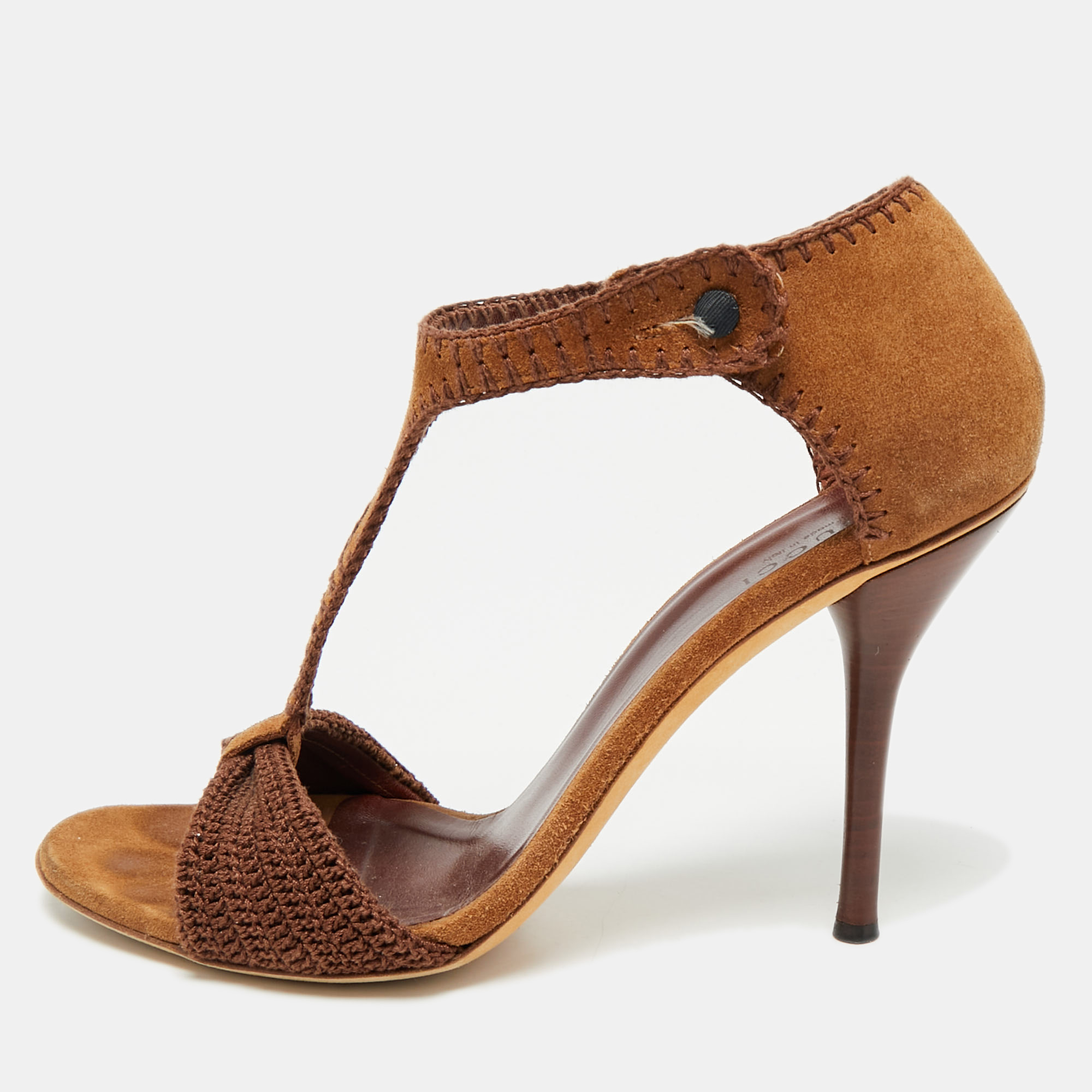 Gucci Dark Brown Suede and Knit Fabric T-Strap Sandals Size 39.5, Sandals - Luxury Closet catalog