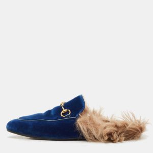 Gucci Blue Velvet and Fur Lined Princetown Flat Mules Size 38, Sandals - Luxury Closet catalog
