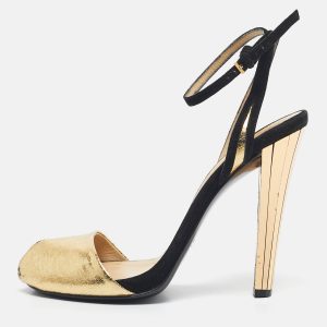 Gucci Gold/Black Leather And Suede Delphine Ankle Strap Sandals Size 37.5, Sandals - Luxury Closet catalog