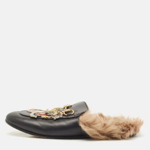 Gucci Black Tiger Embroidered Leather And Fur Princetown Horsebit Mule Sandals Size 37, Sandals - Luxury Closet catalog