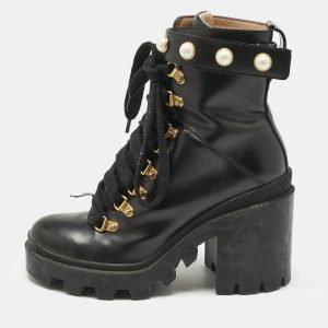 Gucci Black Leather Faux Pearl Embellished Trip Ankle Length Boots Size 36, Boots - Luxury Closet catalog