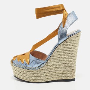 Gucci Blue/Gold Leather Ankle Wrap Wedge Sandals Size 36, Sandals - Luxury Closet catalog
