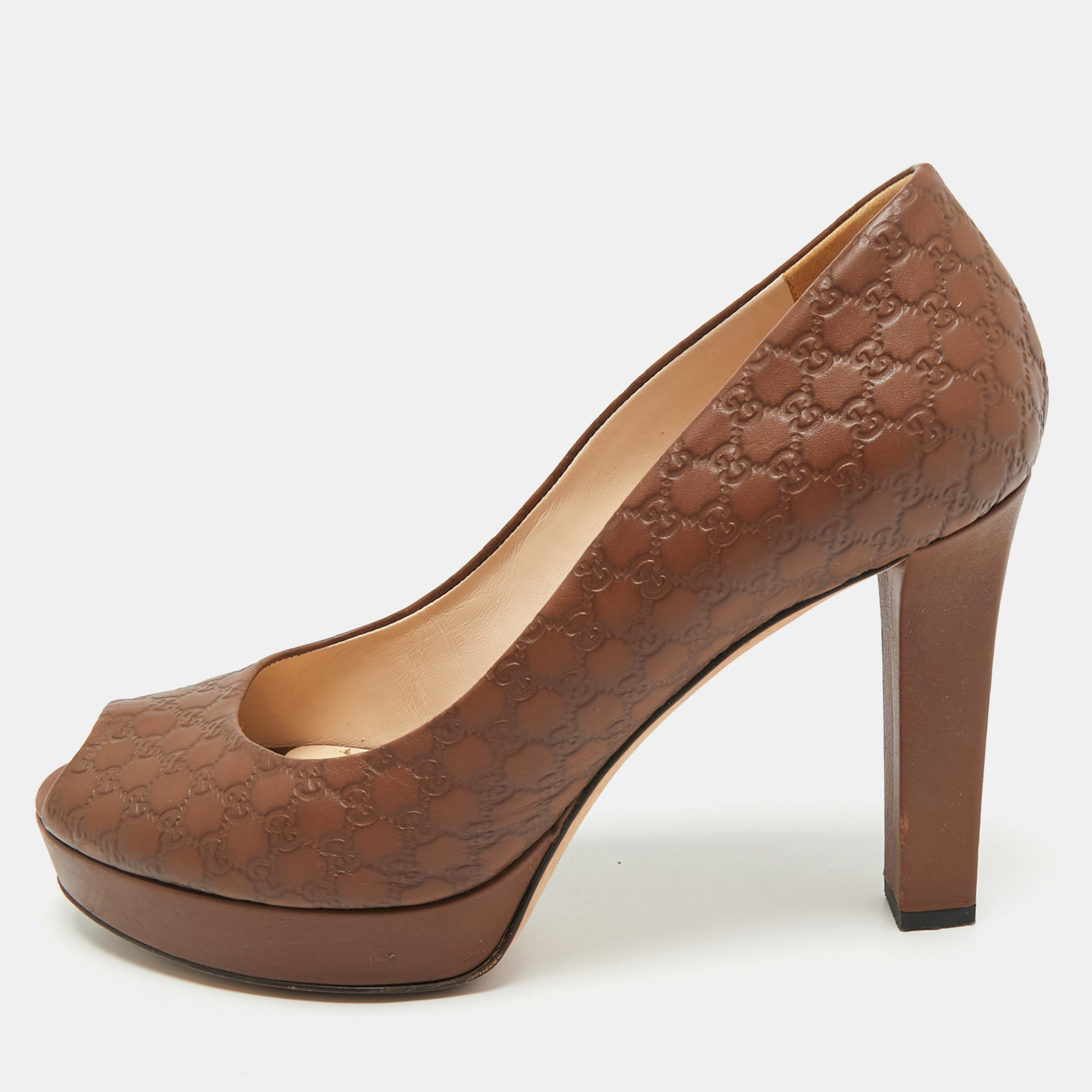 Gucci Brown Guccissima Leather Peep Toe Platform Pumps Size 38, Pumps - Luxury Closet catalog