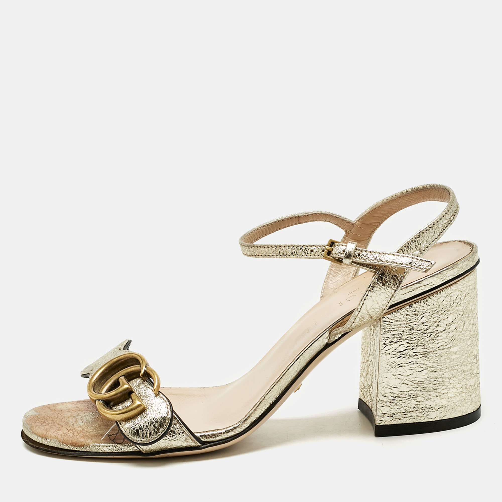 Gucci Metallic Gold Leather GG Marmont Ankle Strap Block Heel Sandals Size 36, Sandals - Luxury Closet catalog