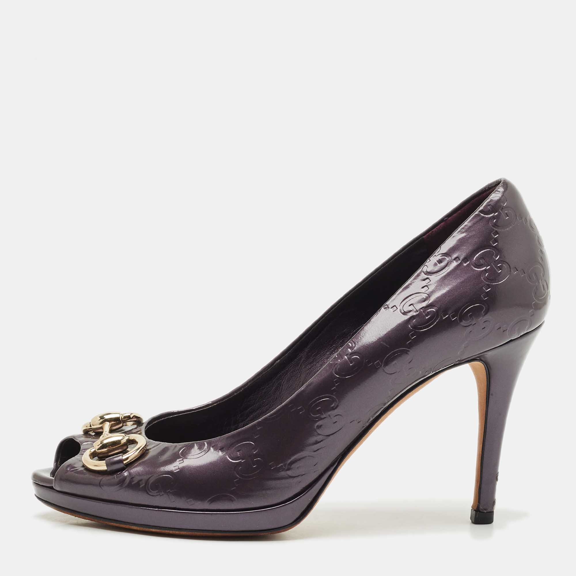 Gucci Purple Guccissima Patent Leather Horsebit Peep Toe Pumps Size 35.5, Pumps - Luxury Closet catalog