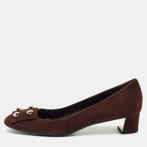 Gucci Dark Brown Suede Rivet Block Heel Pumps Size 39.5, Pumps - Luxury Closet catalog
