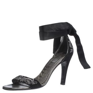 Gucci Black Embroidered Suede and Satin Open Toe Ankle Wrap Sandals Size 39, Sandals - Luxury Closet catalog