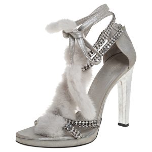 Tom Ford For Gucci Silver Leather And Mink Fur Strappy Ankle Wrap Sandals Size 40.5, Sandals - Luxury Closet catalog