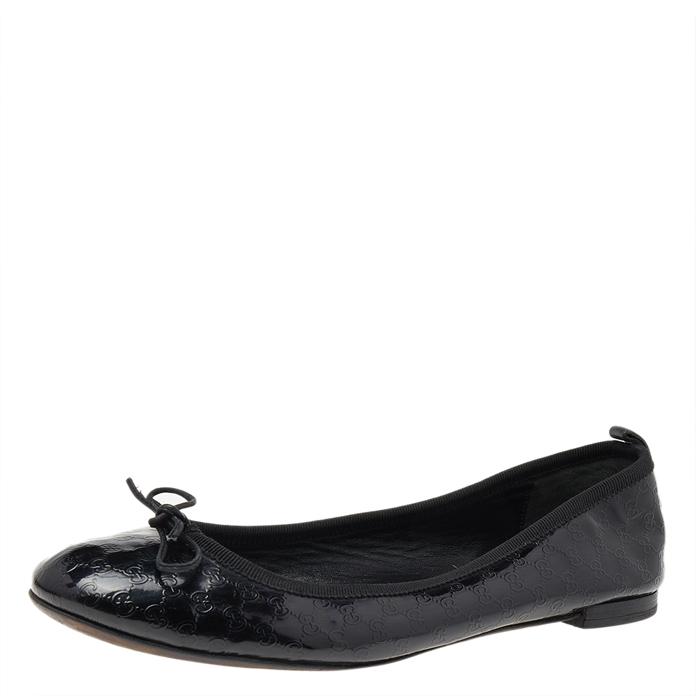 Gucci Black Micro Guccissima Patent Leather Bow Detail Ballet Flats Size 39, Flats - Luxury Closet catalog