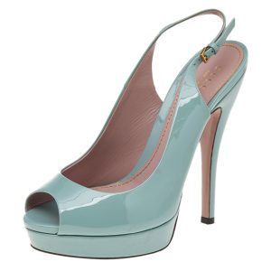 Gucci Green Patent Leather Peep Toe Slingback Sandals Size 37.5, Sandals - Luxury Closet catalog