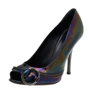 Gucci Multicolor Iridescent Patent Leather Horsebit Peep Toe Pumps Size 37.5, Pumps - Luxury Closet catalog