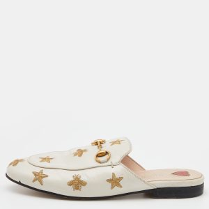 Gucci White Star And Bee Embroidered Leather Princetown Horsebit Flat Mules Size 35, Flats - Luxury Closet catalog