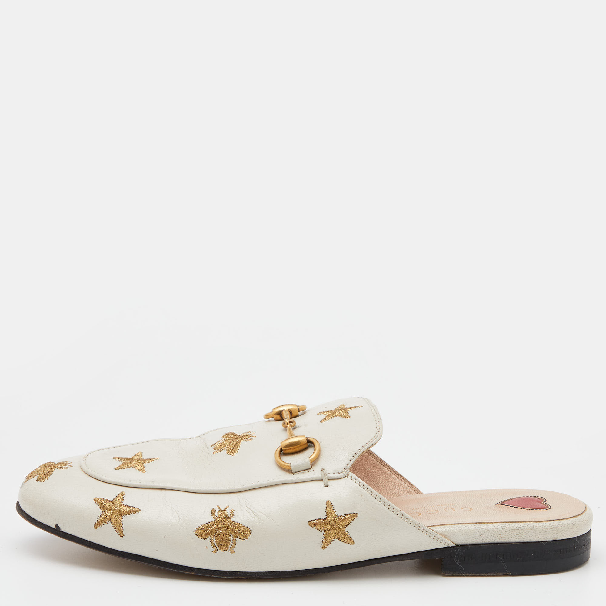 Gucci White Star And Bee Embroidered Leather Princetown Horsebit Flat Mules Size 35, Flats - Luxury Closet catalog