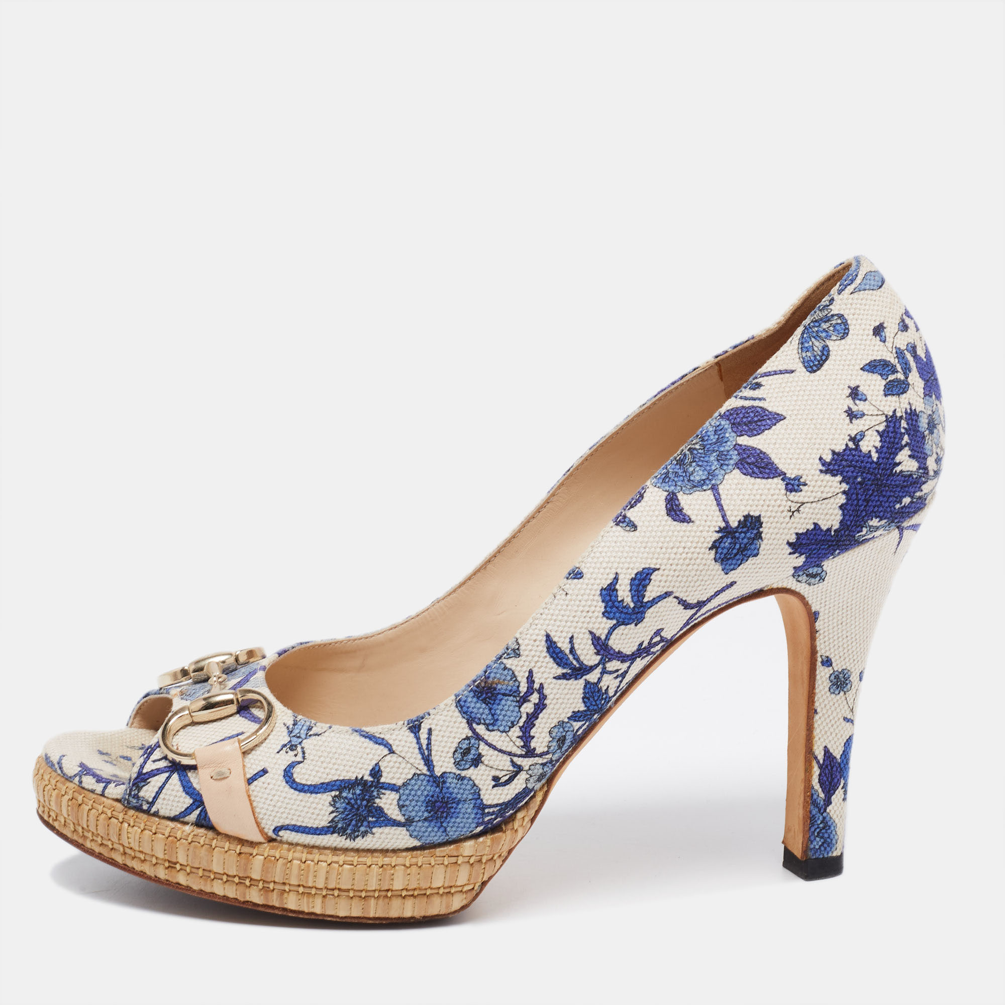 Gucci White/Blue Floral Print Canvas Horsebit Peep Toe Platform Pumps Size 40.5, Pumps - Luxury Closet catalog