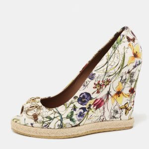Gucci Multicolor Floral Print Canvas Horsebit Peep Toe Wedge Pumps Size 40, Pumps - Luxury Closet catalog