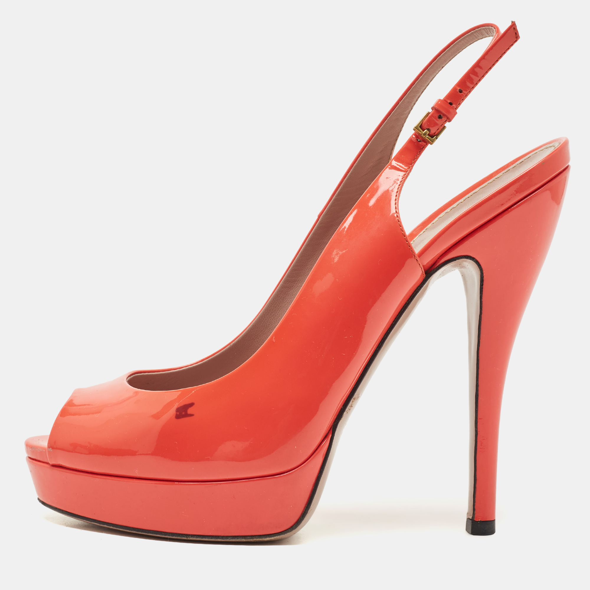 Gucci Orange Patent Leather Peep Toe Platform Pumps Size 39, Pumps - Luxury Closet catalog