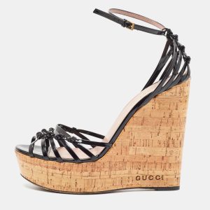 Gucci Black Patent Studded Cork Wedge Sandals Size 40, Sandals - Luxury Closet catalog