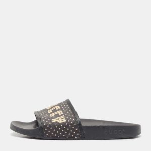 Gucci Black Leather and Canvas Guccy Flat Slides Size 40, Sandals - Luxury Closet catalog